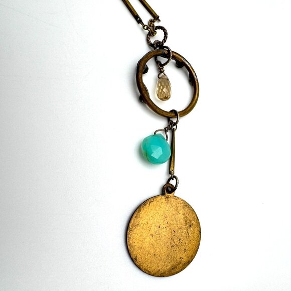 Pavanne Necklace Blue Chalcedony Swarovski Crystal Brass Chain Handcrafted - Picture 10 of 13